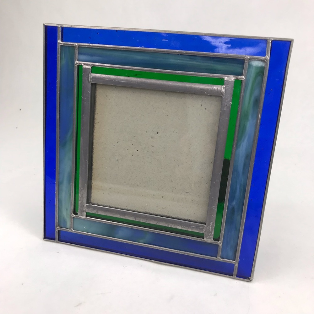 Vintage Carr Stained Glass Picture Frame Blue Green Slag Glass Square 6" x 6"